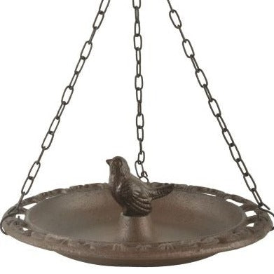 Hanging Bird Bath or Feeder   This Traditional styled cast iron hanging bird bath or feeder is ideal for smaller birds, the chain and hook allows for easy placement in and around the garden, helping to entice more wildlife to visit the garden.  Decorative cast iron bird Chain and hook Dual use water or food  Chain can be removed   Dimensions 23.4 x 23.4 x 8.0 cm