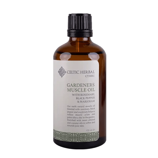 Gardeners Massage Muscle Oil 100ml  Formulated with rosemary, black pepper & marjoram to help soothe aches & pains after a day in the garden.  Key info:  100% natural  Rosemary and black pepper help improve circulation and relieve aches and pains  Marjoram is a natural pain reliever, helping to soothe sore muscles & joints  Coconut oil nourishes and moisurises dry skin