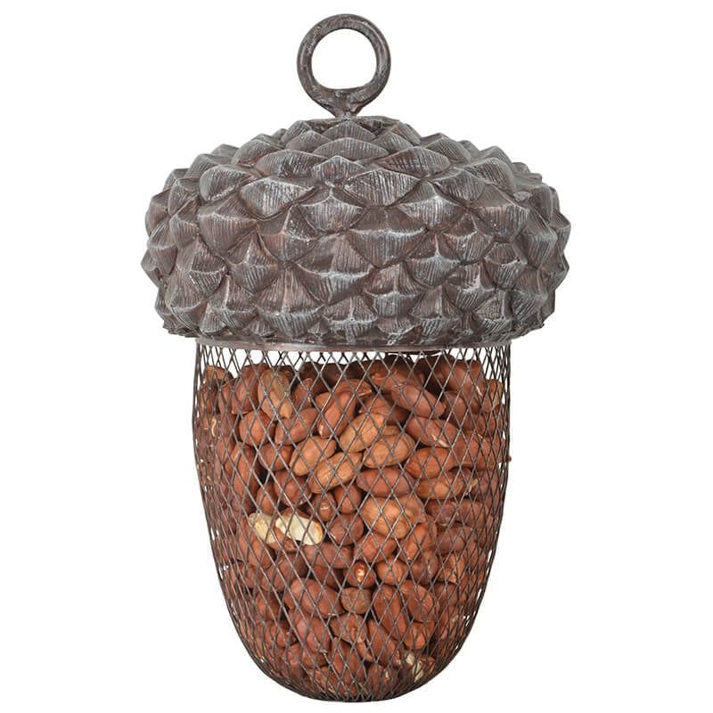 Normally acorns are food for birds and squirrels. Now this acorn feeder is holding other food. The bird feeder can be filled with peanuts and nuts.  Looks good hanging in the garden and perfect for bird watching,  By loosening the suspension ring you can take of the lid and easily refill the bottom part with feed.