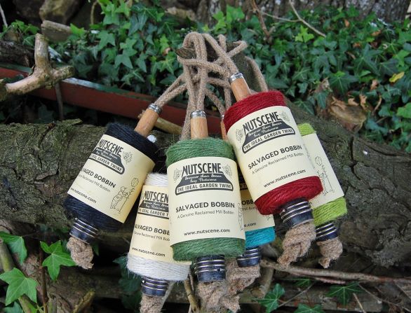 Looking for a great way to hang, wear or display your twine?  Why not try these authentic wooden bobbins salvaged from Lancashire Cotton Mills,  Hanging twine holder with a natural threaded braid can be easily hung on a branch, hook or in a shed. Can also be looped onto your belt.