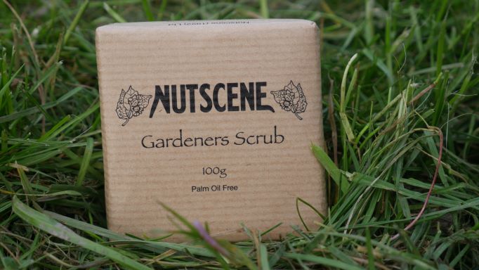 Nutscene Handmade Natural: Gardeners Scrub Soap 100g    Handmade natural Scottish soap with natural ingredients. Use this natural soap for some after gardening skin care. Caring for you and the environment.      This Scottish handmade natural soap is palm oil free and kind to skin,   Soap weight 100g  Size 6cm x 6cm#