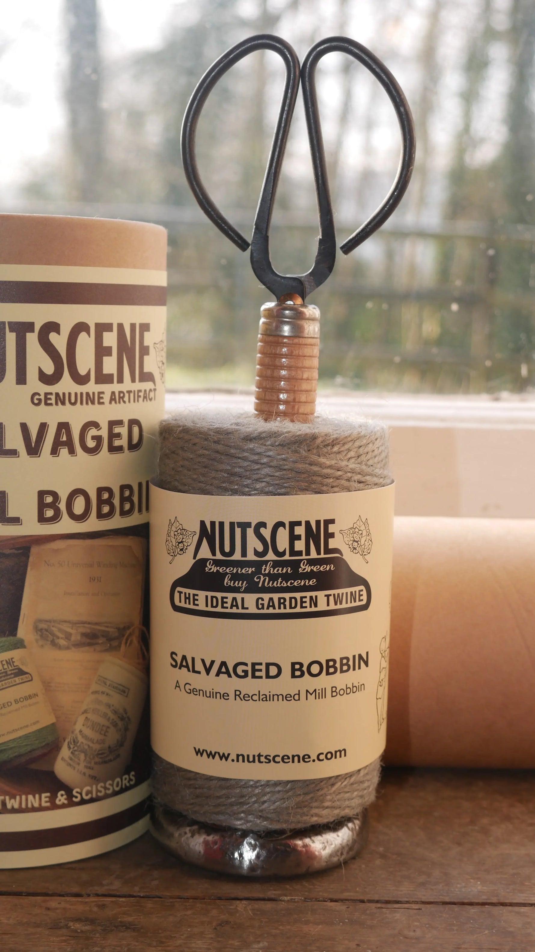 Nutscene - Salvaged Mill Bobbin Twine Holder with Scissors Old Toll Nursery