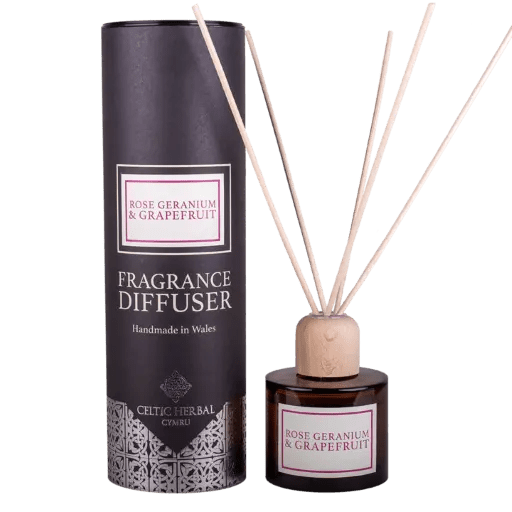 Rose Geranium Grapefruit Reed Diffuser - Balanced and comforting fragrance, Pure Essential Oils to Create a Floral & Zesty Room Scent  100ml  Packaged in a Luxurious Embossed Celtic Herbal Tube, It's the Perfect Gift for Those in Need of an Uplifting Treat.  Helping to Bring the Scent of the Garden into Your Home While Refreshing & Soothing the Mind