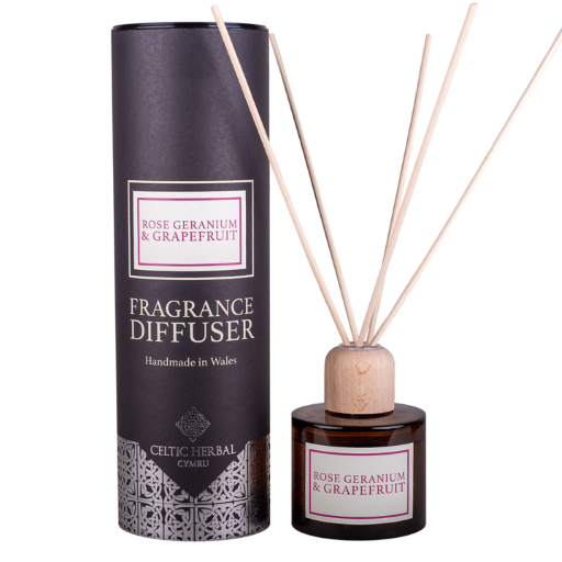 Rose Geranium Grapefruit Reed Diffuser - Balanced and comforting fragrance, Pure Essential Oils to Create a Floral & Zesty Room Scent  100ml  Packaged in a Luxurious Embossed Celtic Herbal Tube, It's the Perfect Gift for Those in Need of an Uplifting Treat.  Helping to Bring the Scent of the Garden into Your Home While Refreshing & Soothing the Mind
