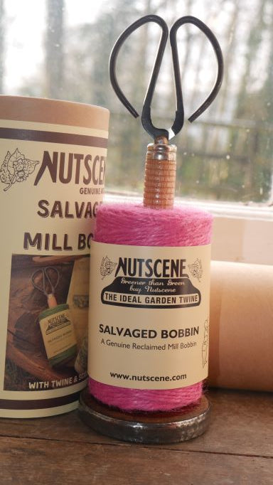 This twine holder not only holds and dispenses a spool of jute twine  The holder also houses a pair of scissors.  These salvaged and recycled mill bobbins are a delightful way to re-purpose artefact's, some of which are over 100 years old.  Composed of biodegradable materials sourced from 3 strands of twine make up the 3 ply.